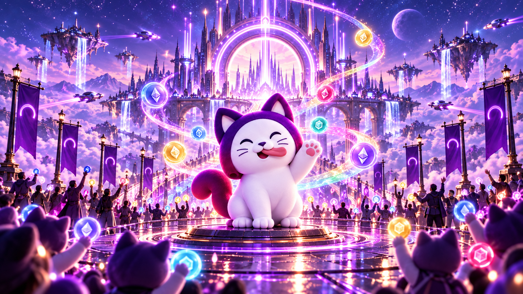The Arcat community celebrating beneath Arc's glowing portal